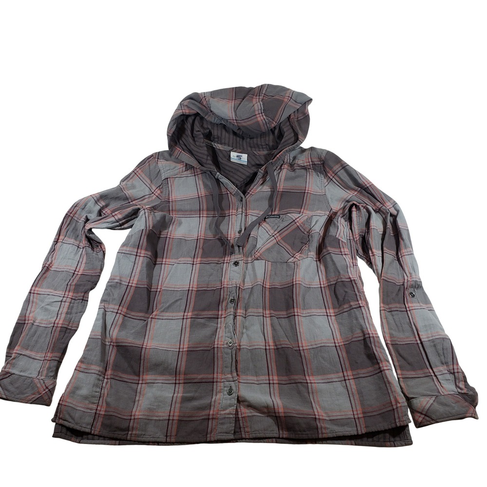 Columbia Women's‎ Plaid Hooded Long Sleeve Button Down Shirt Top Size L